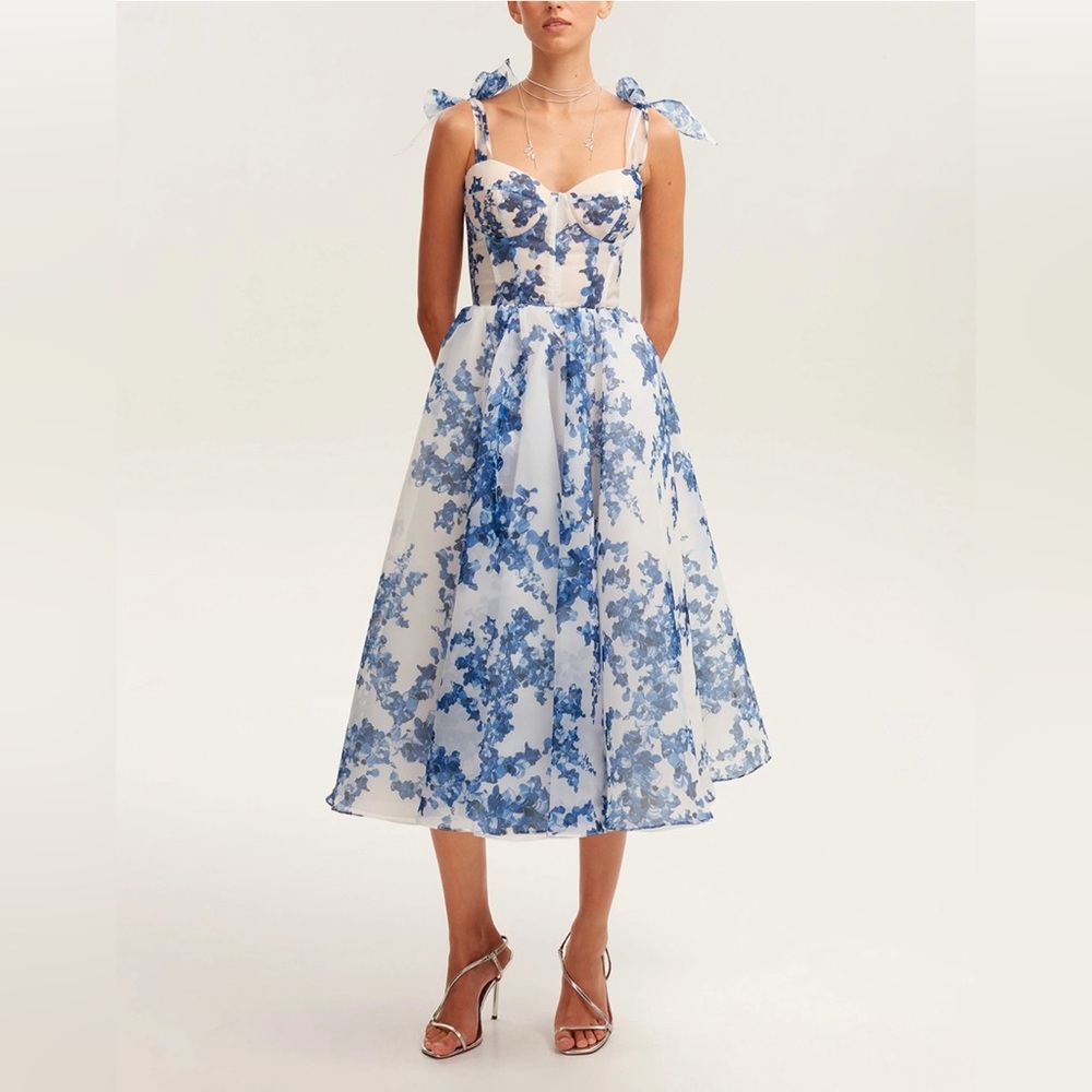 New Elegant Blue Floral Midi Tie Strap Dress